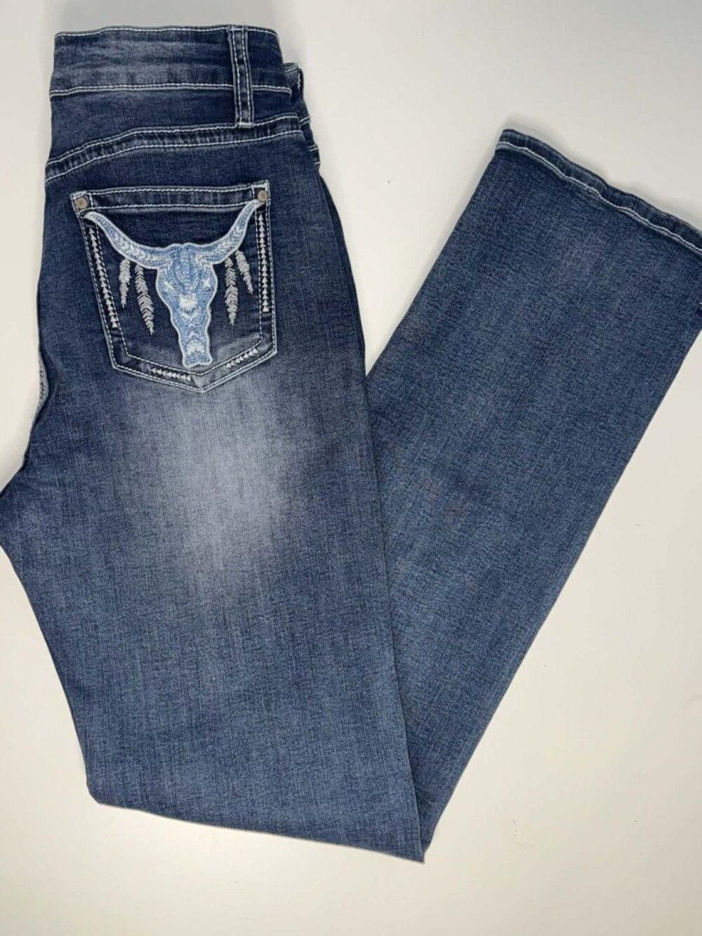 NWOT Sky Blue Embroidered Cow Straight Leg Jeans